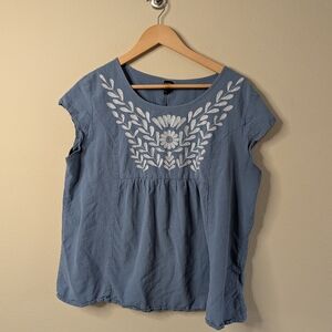 Emery Rose Embroidered Blouse Womens XXL Blue Cotton Boho Folk Floral Top